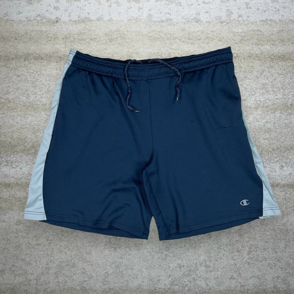 Vintage Y2K Champion Shorts Mens L Navy Blue Baggy Polyester Grey 8" Inseam